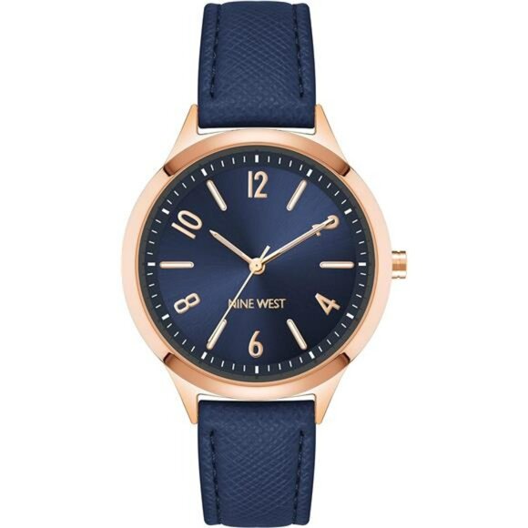 Womens navy blue strap watch rose gold face faux leather buckle analog watch - Picture 1 of 5